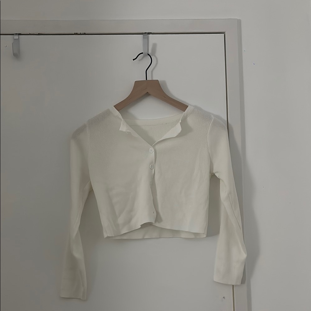 Cropped white crewneck cardigan